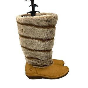 TIMBERLAND Kickadilla Faux Fur Leather Knee High Boots Tan Brown Womens Sz 9.5 M